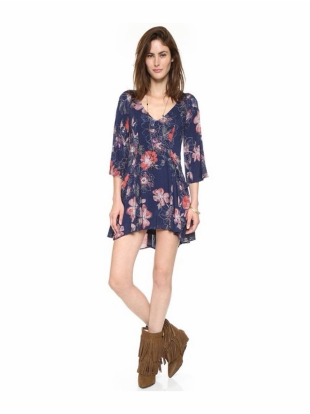 Free People Navy Floral V-Neck Swing Dress